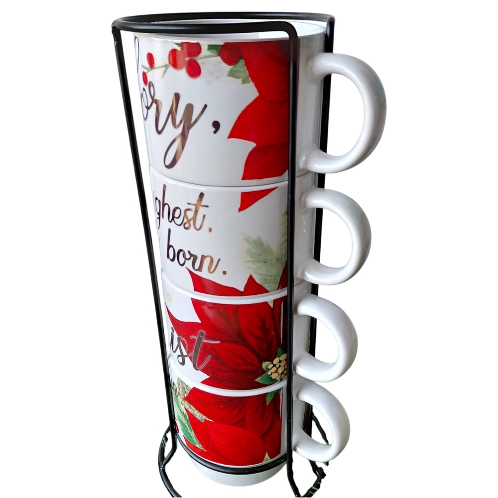Signature Holiday Stackable Mug Cup 4 Set Poinsettia Stoneware NWOT
